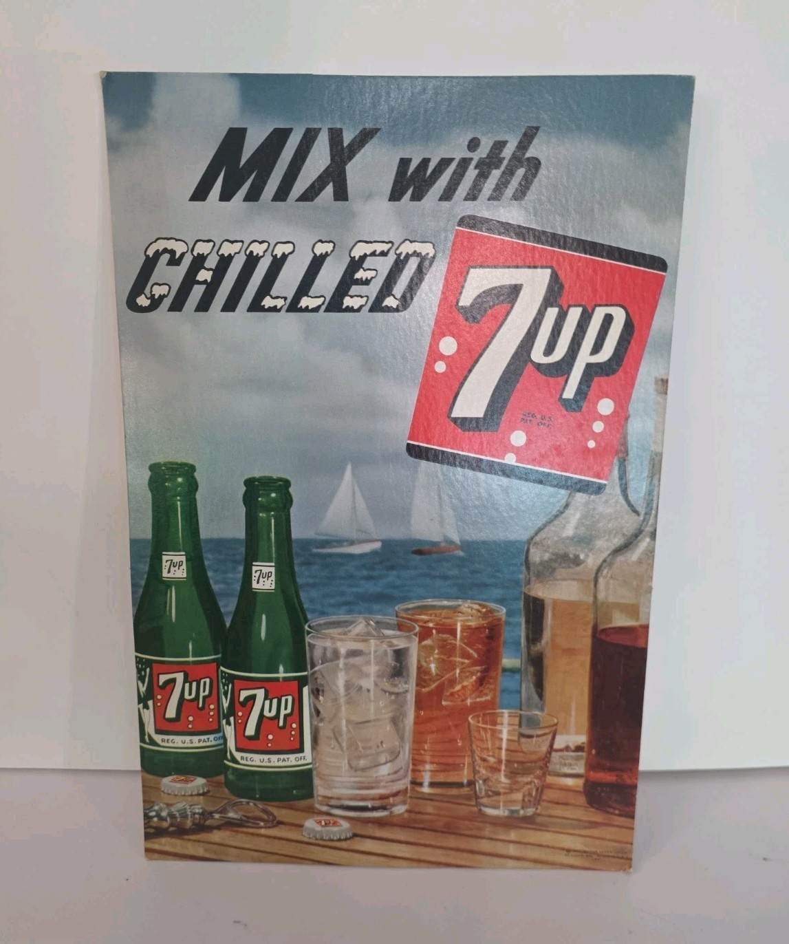 ​Mix With Chilled 7up Vintage 1950s Cardboard Sign Counter Display Easel Back