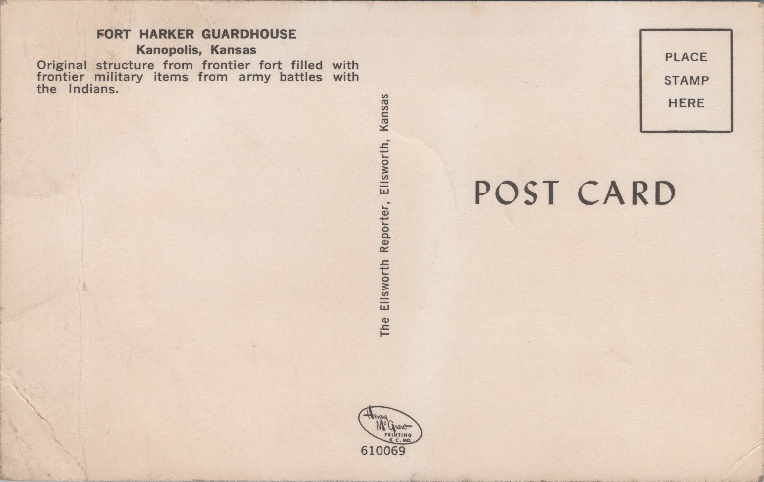Fort Harker Guardhouse Kanopolis Kansas Frontier Military Postcard