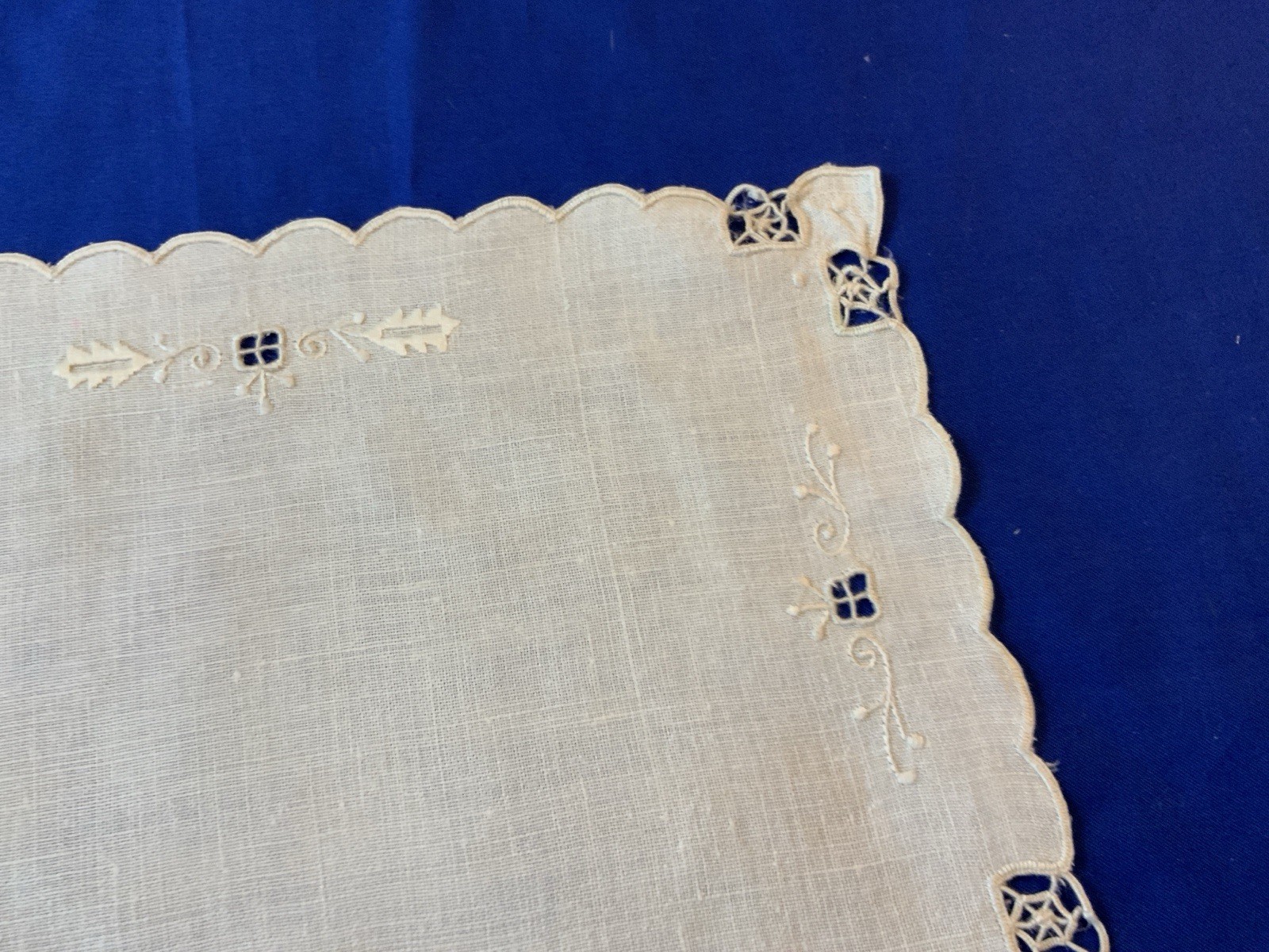 Vintage Antique Rectangle Doily, Flower Embroidery, Linen, Off White