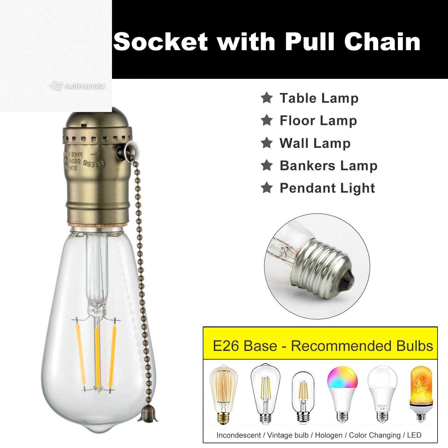 E26 Pull Chain Lamp Socket Replacement Threaded Base For Table Floor Light 1Pack