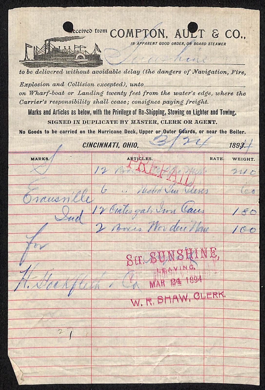 1894 Compton, Ault & Co. Steamer “Sunshine” Ohio River Freight Receipt
