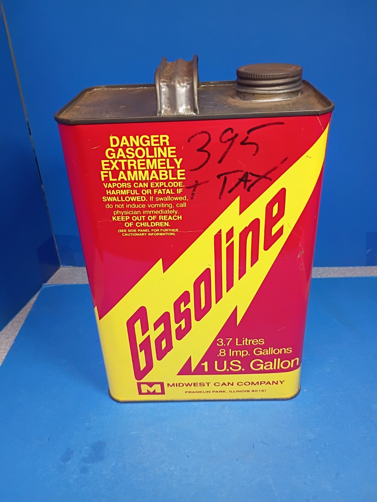 Vintage Midwest Can Co 1 Gallon Metal Gasoline Can Red Yellow Collectible Gas