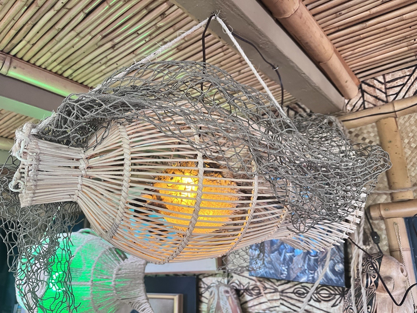 NEW Rattan Fish Trap Lamp W/ Real Puffer Fish Yellow Led Smokin Tikis Oceanic