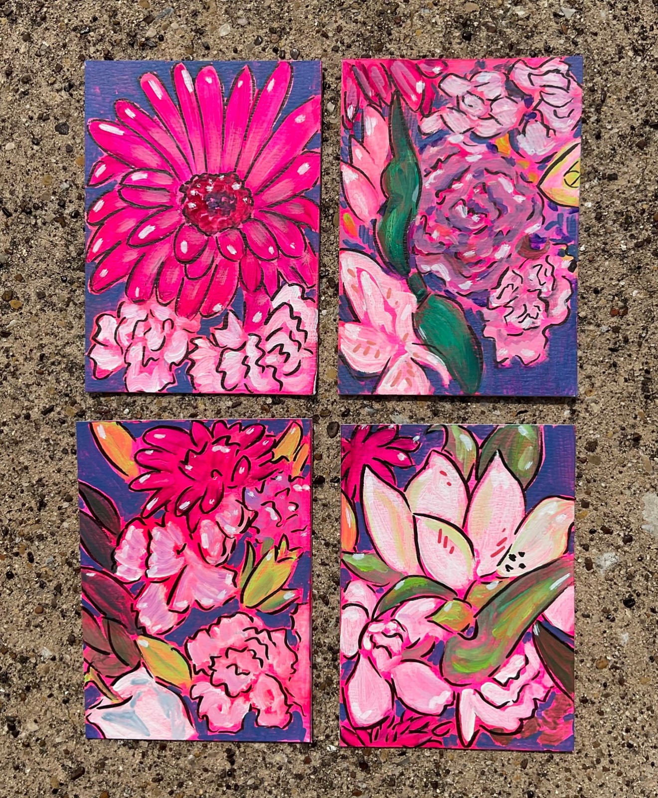 ACEO Art Card PRINTS Set of 4 Hand Painted Acrylic Original 3.5inx2.5in