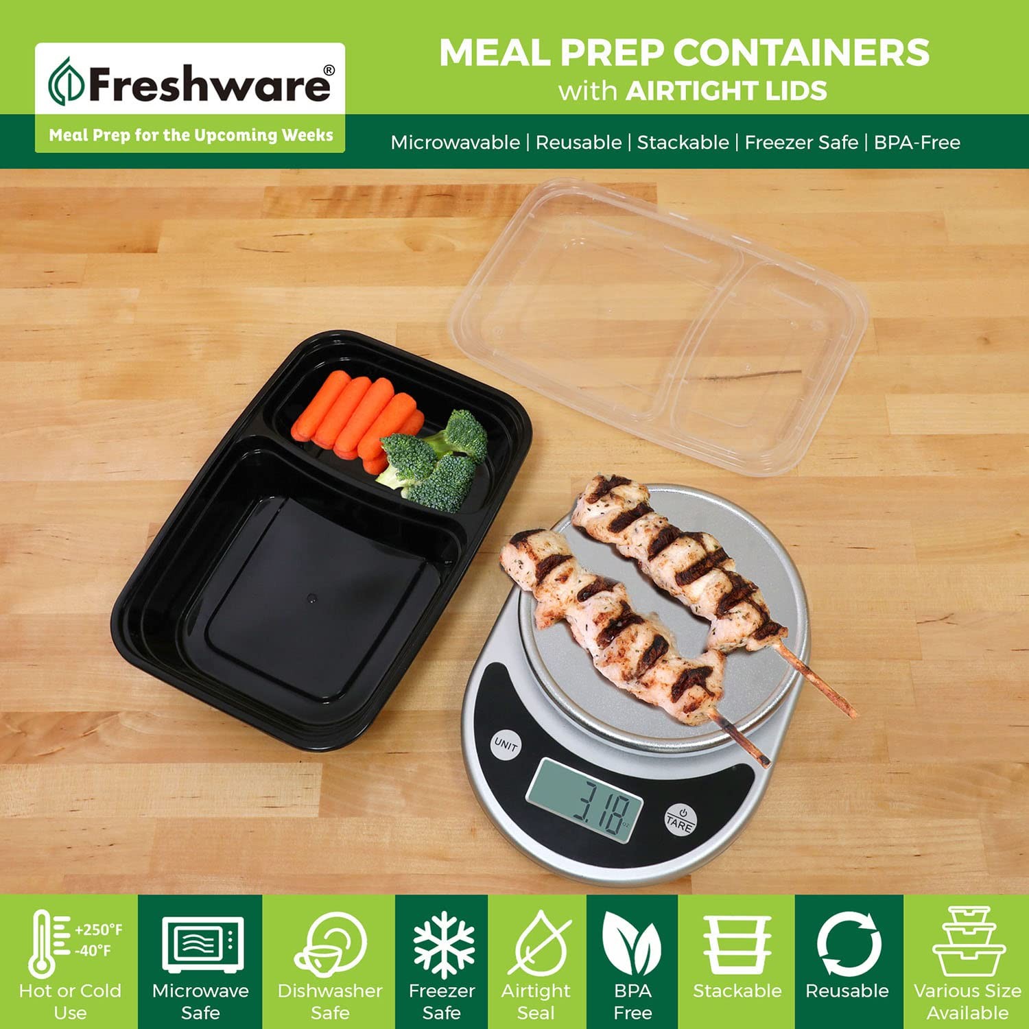 Freshware Meal Prep Containers with Lids 28 oz [15 Pack] 28OZ-15PK, Black