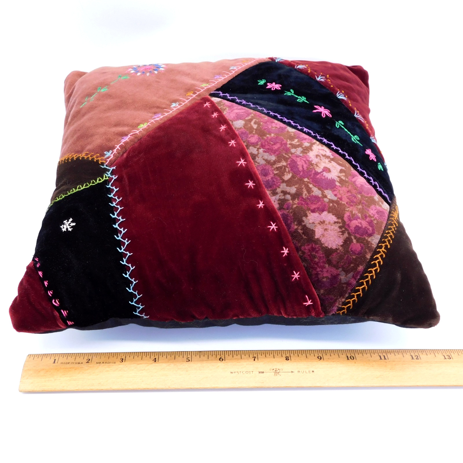 Velvet Patchwork Crazy Quilt Throw Pillow Handmade 12″ x 12″ x 3.75″