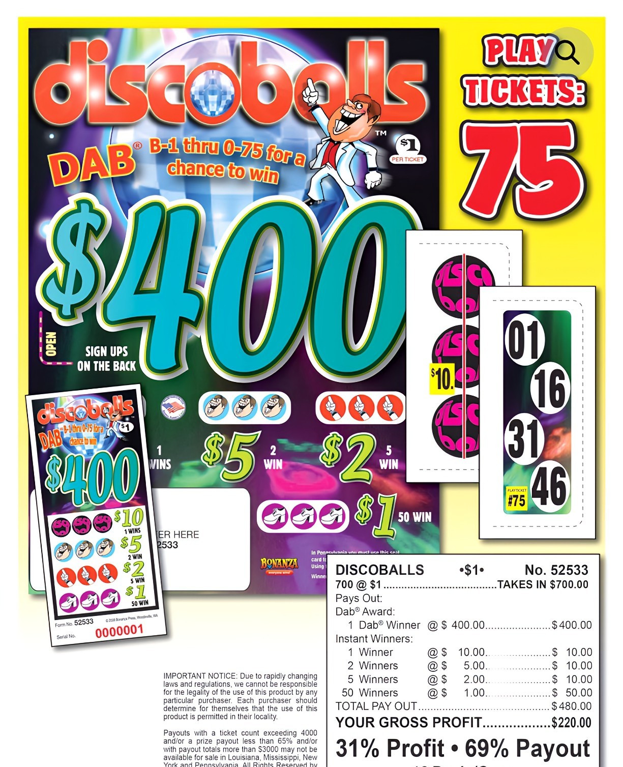 Pull Tab – Hard Card – Tickets Game – Discoballs – 700ct