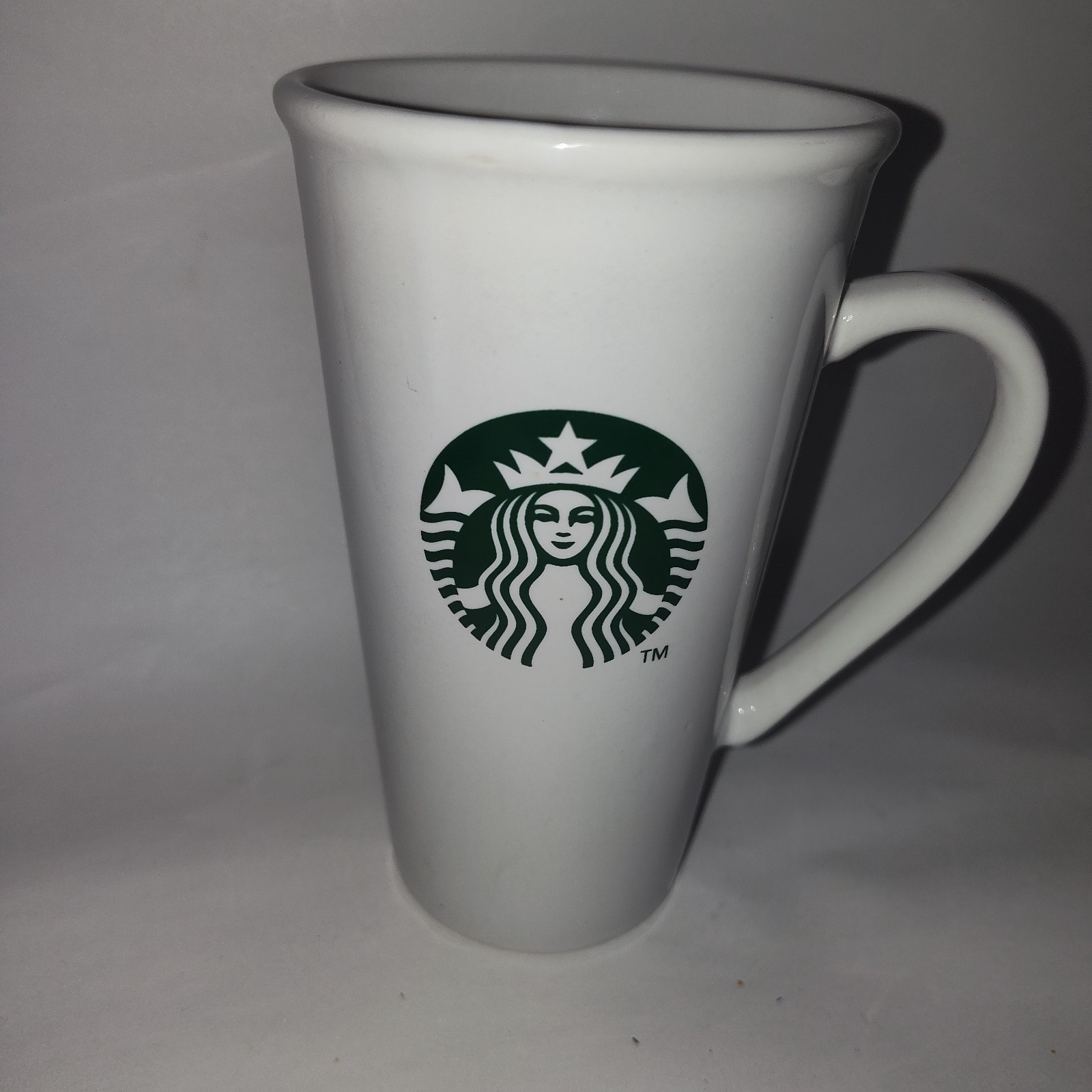 Starbucks 2012 White Ceramic Coffee Tea Latte Mug Tall Tapered Green Siren 16 oz