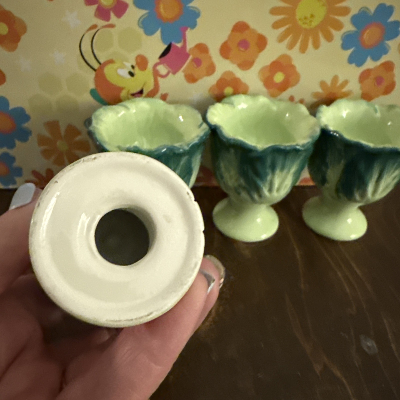 Vintage Ceramic Egg Cups 4 Anthropomorphic 1930’s 1950’s cabbage core