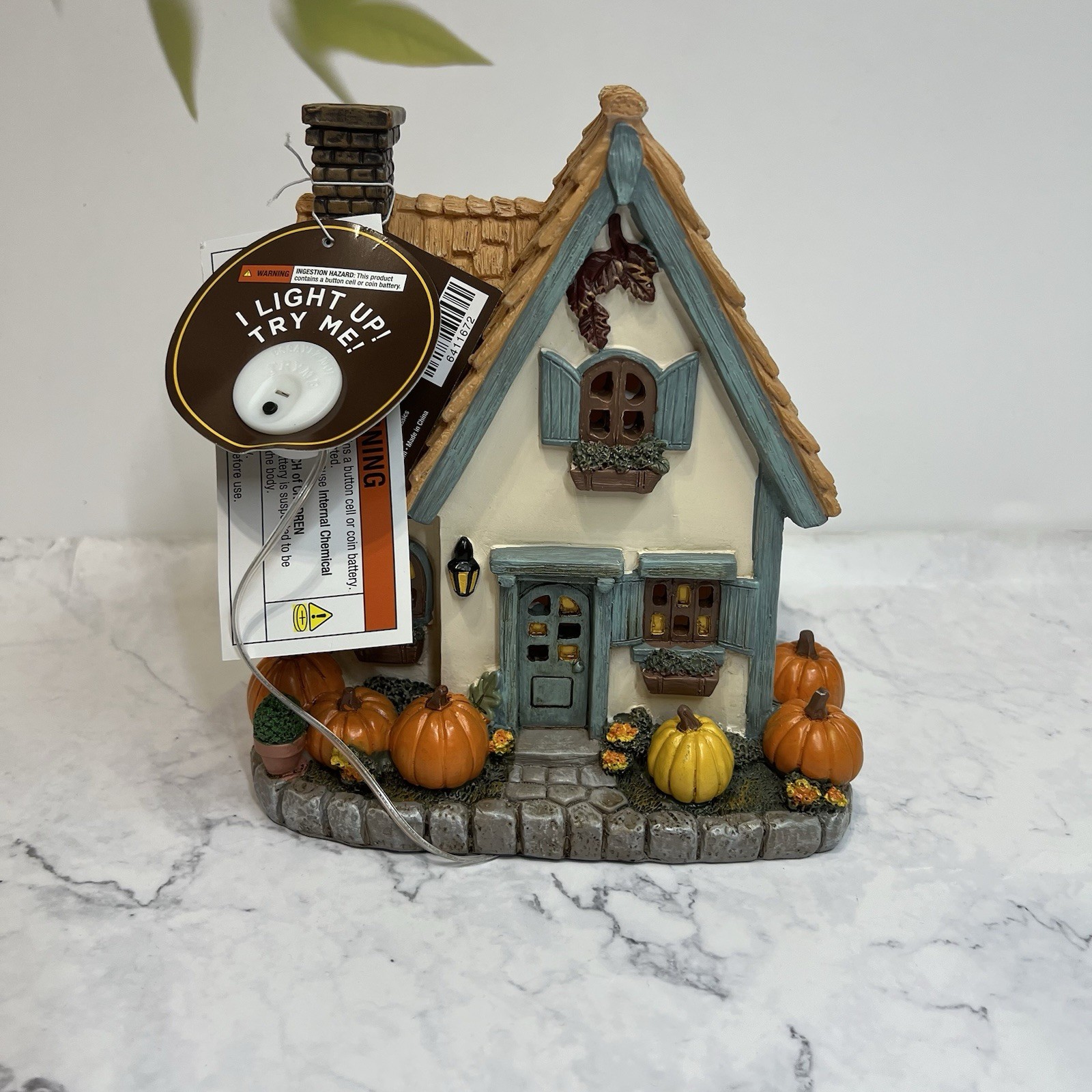 Hobby Lobby Cozy Fall Cottage Light Up House Pumpkins Blue Trim 7.5in Tall