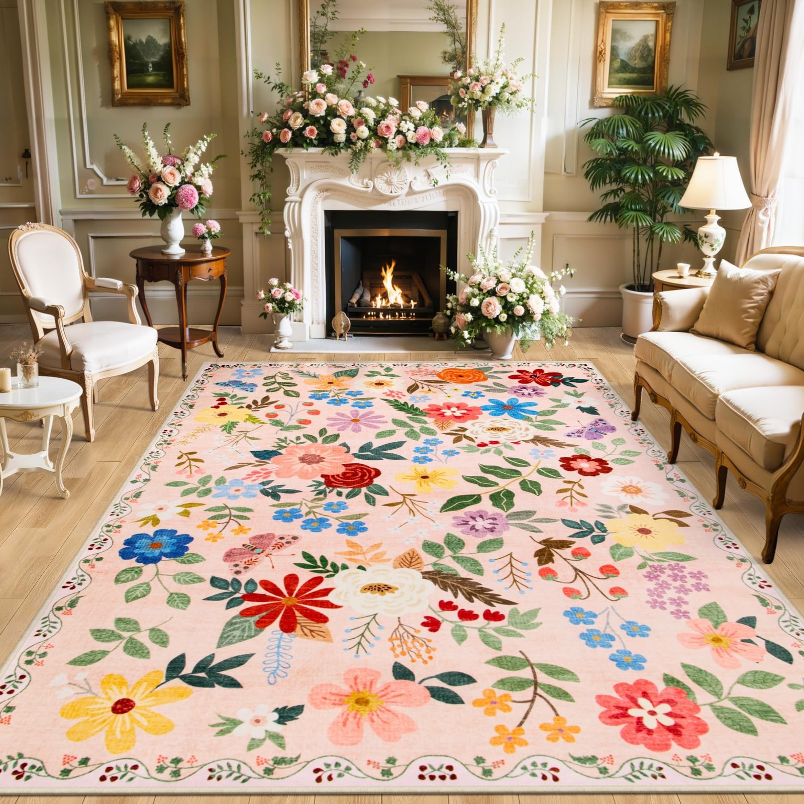 8×10 Area Rugs for Living Room: Floral Washable Rug Vintage Large Soft Boho N…