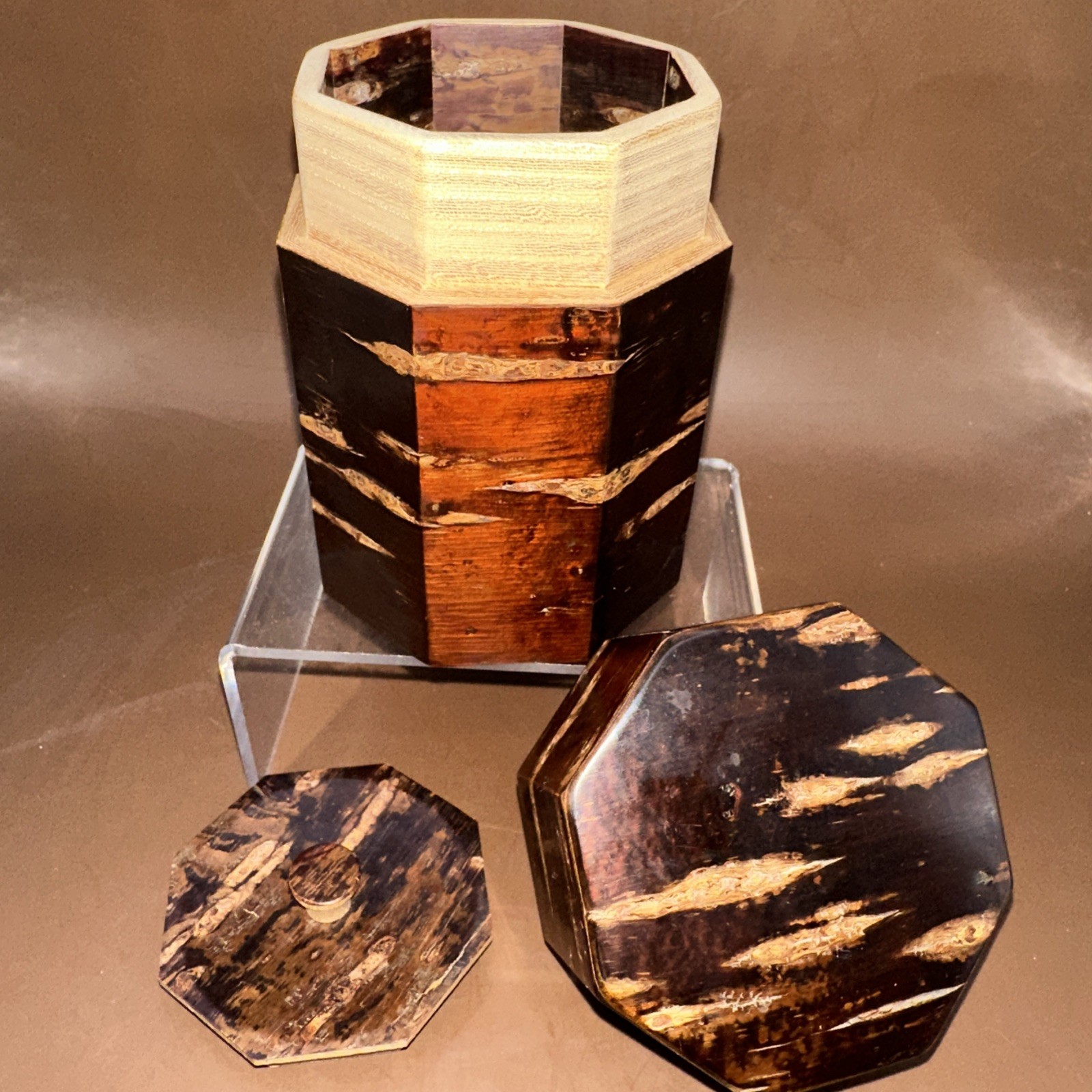 CHERRY TREE BARK OCTAGON TEA CADDY WITH MATCHING SCOOP