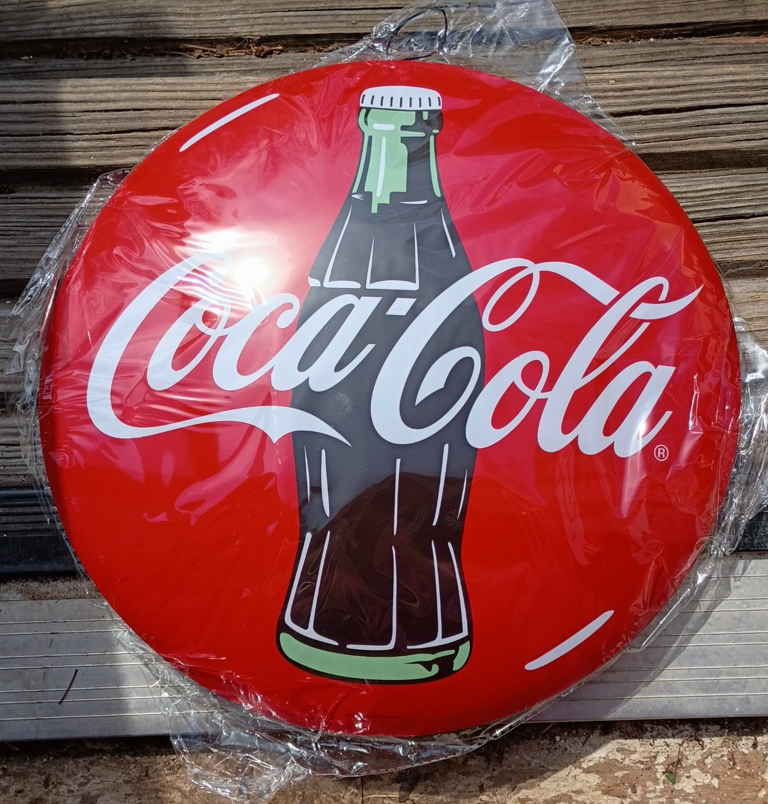 16″ Coca Cola Metal Dome sign with glass bottle