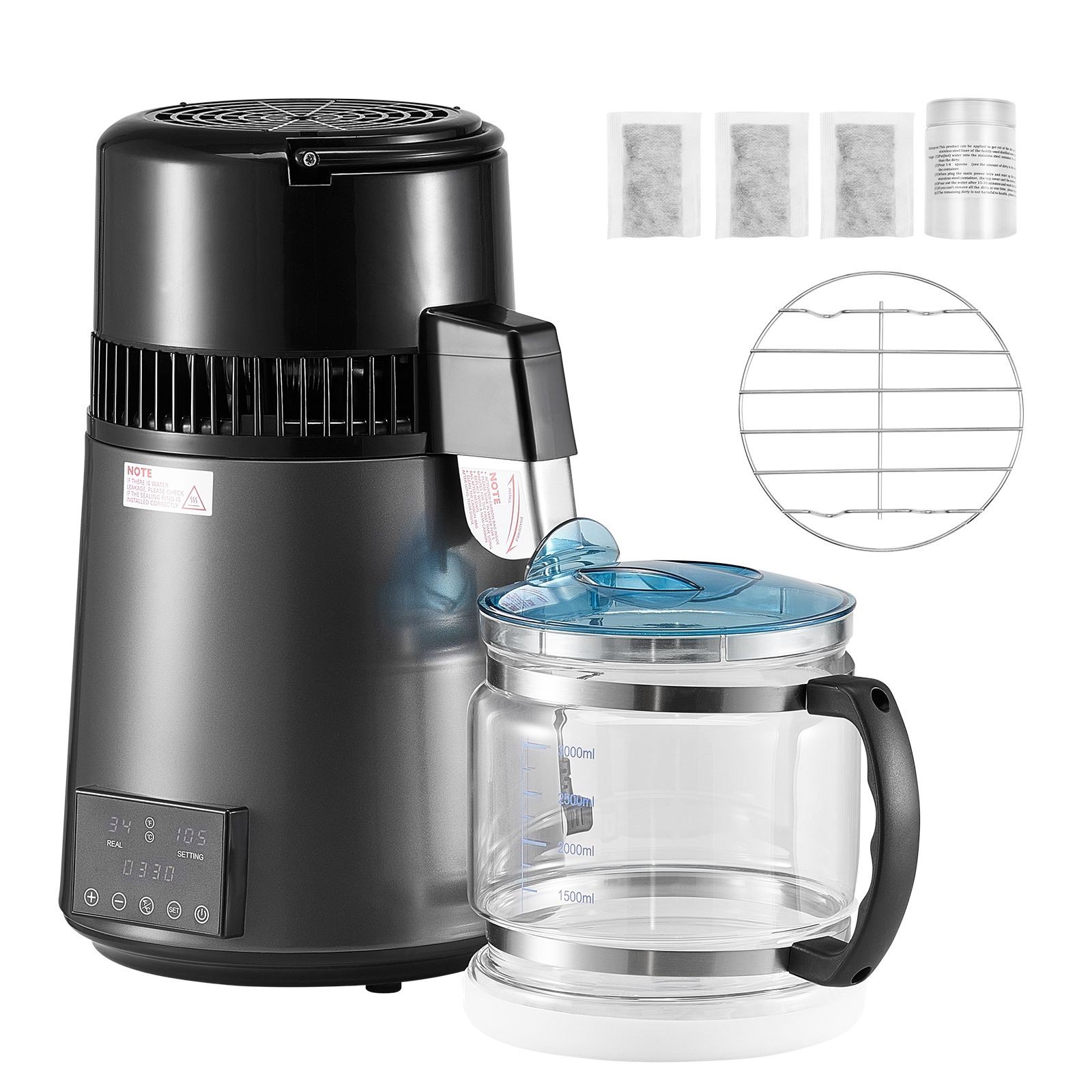 4L 1.1 Gallon Water Distiller, 1750W, Stainless Steel Interior, Glass Pot