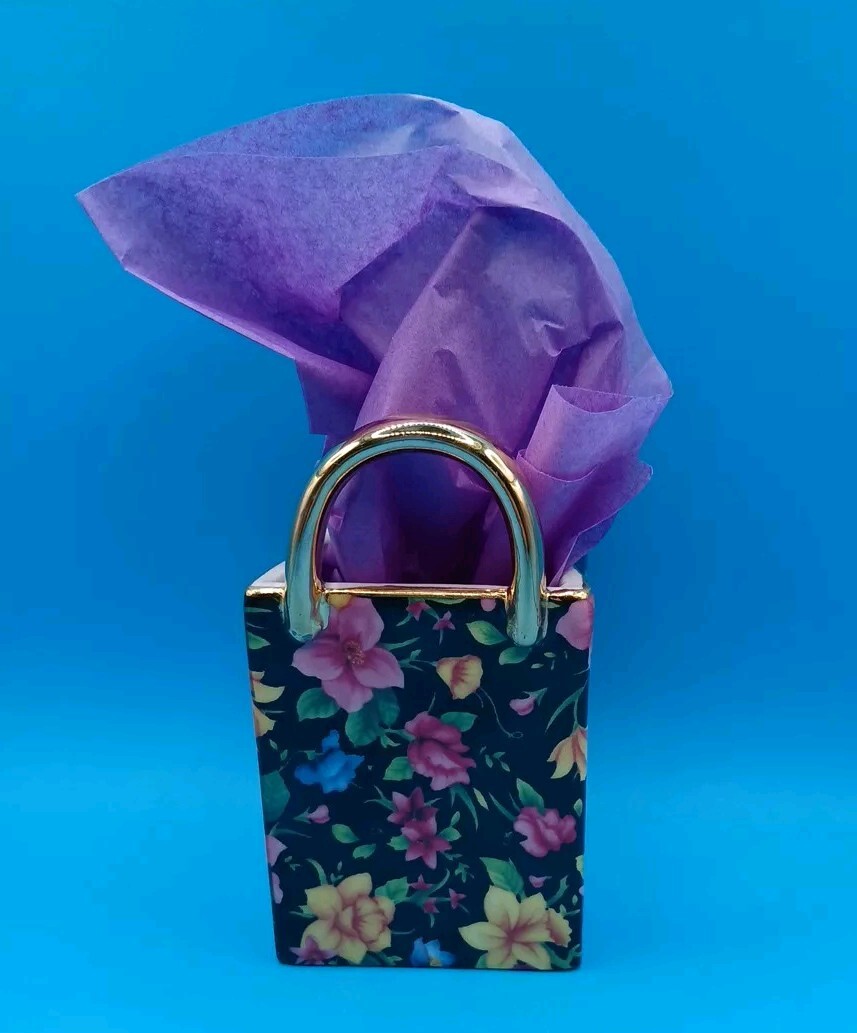 Mini Valentine Vase Decor Shopping Bag Tote Black Gold Floral Ceramic Trinket