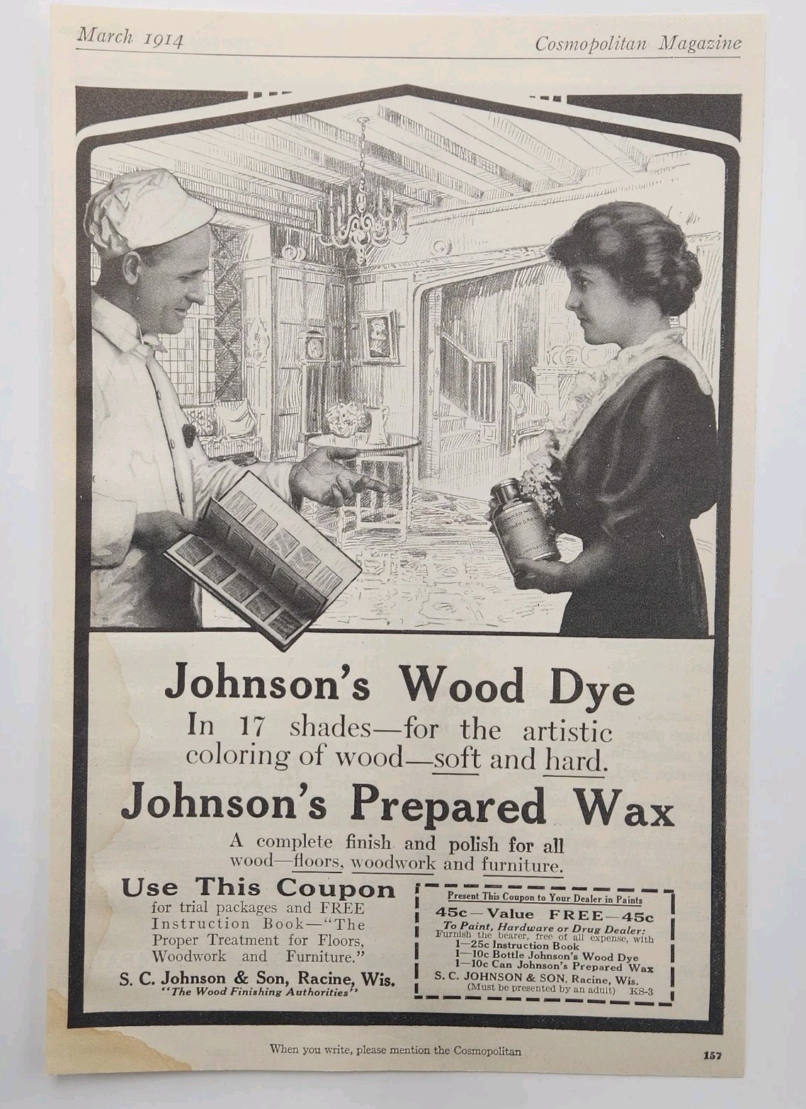 1914 Johnson’s Wax Polish Wood Dye Original Print Ad 1910’s Racine WI