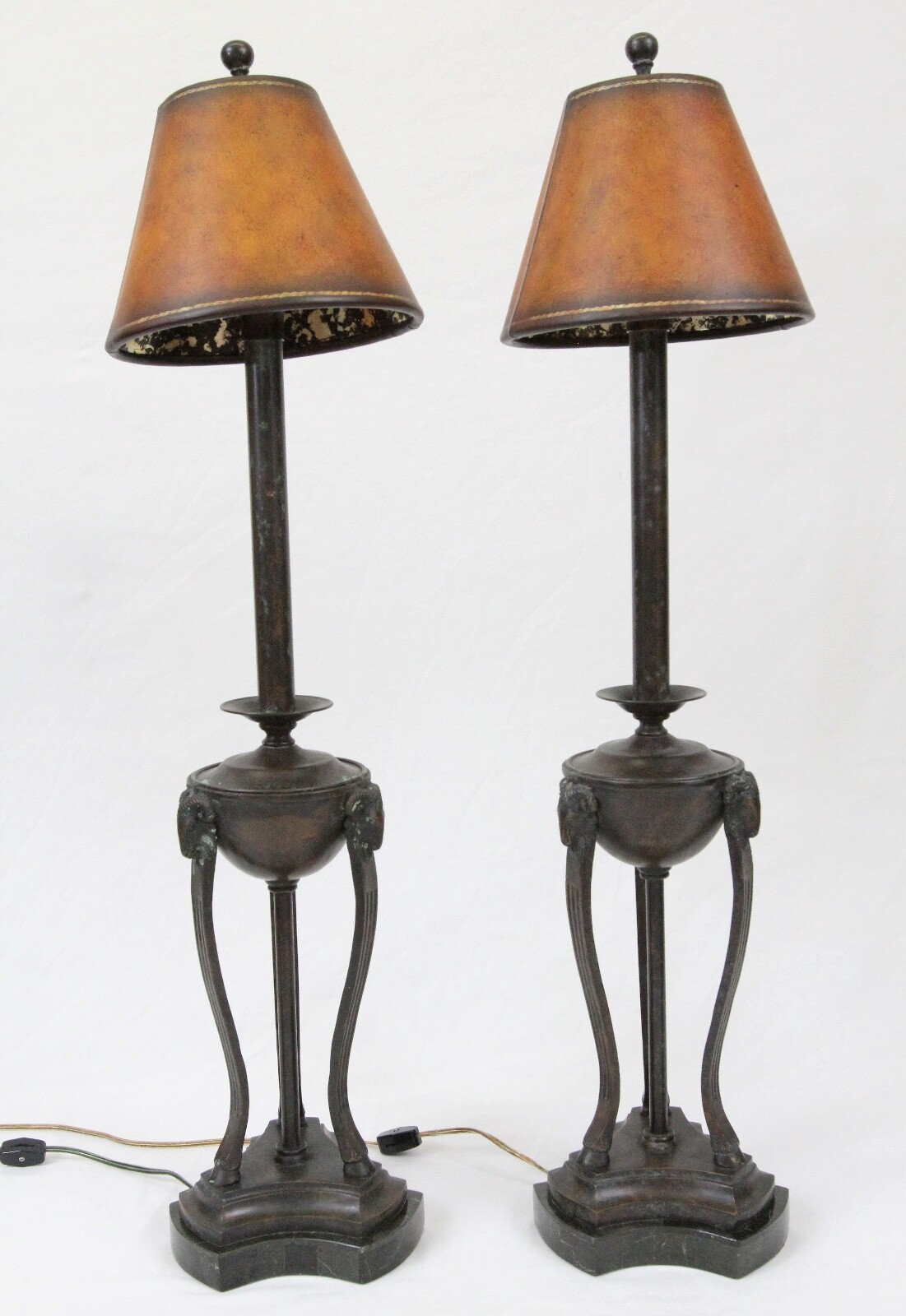 Maitland Smith Bronze Ram Head Urn Vintage Buffet Table Lamp Pair Leather Shade
