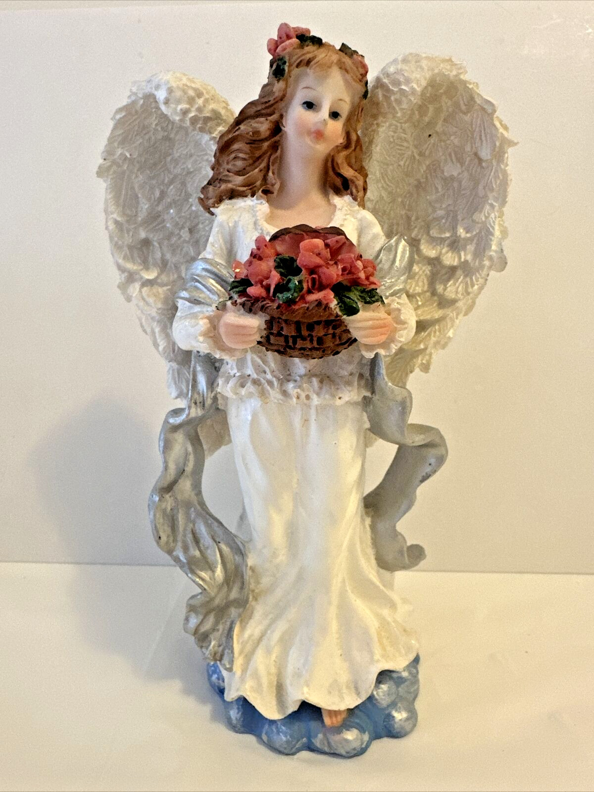 Vintage Angel Wearing White Dress Figurine 7″ Holding Pink Roses w/ Mica Glitter
