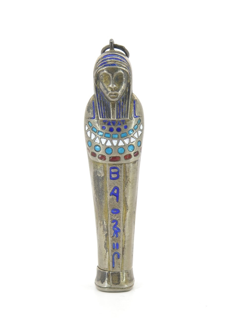 Art Deco 1910’s Egyptian Revival Pencil Pendant Silver & Enamel 2.5″
