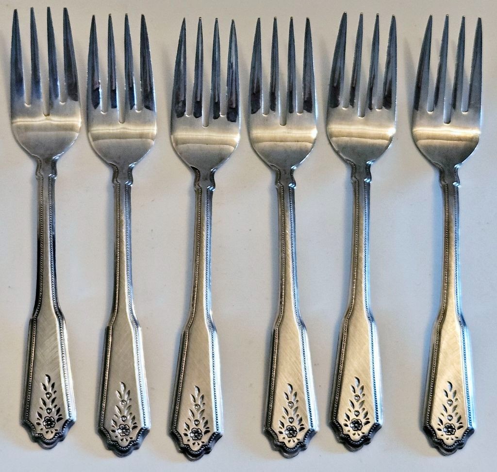 NORCREST BRENTWOOD by Rogers ~6 Salad Forks~ Stainless ~Floral, Beaded~Korea~EUC