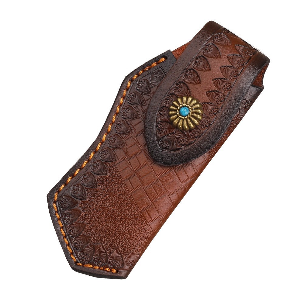 Hand Made Carved Cow Leather Sheath for 5″ Folding Knife Cover Pouch Belt Clip