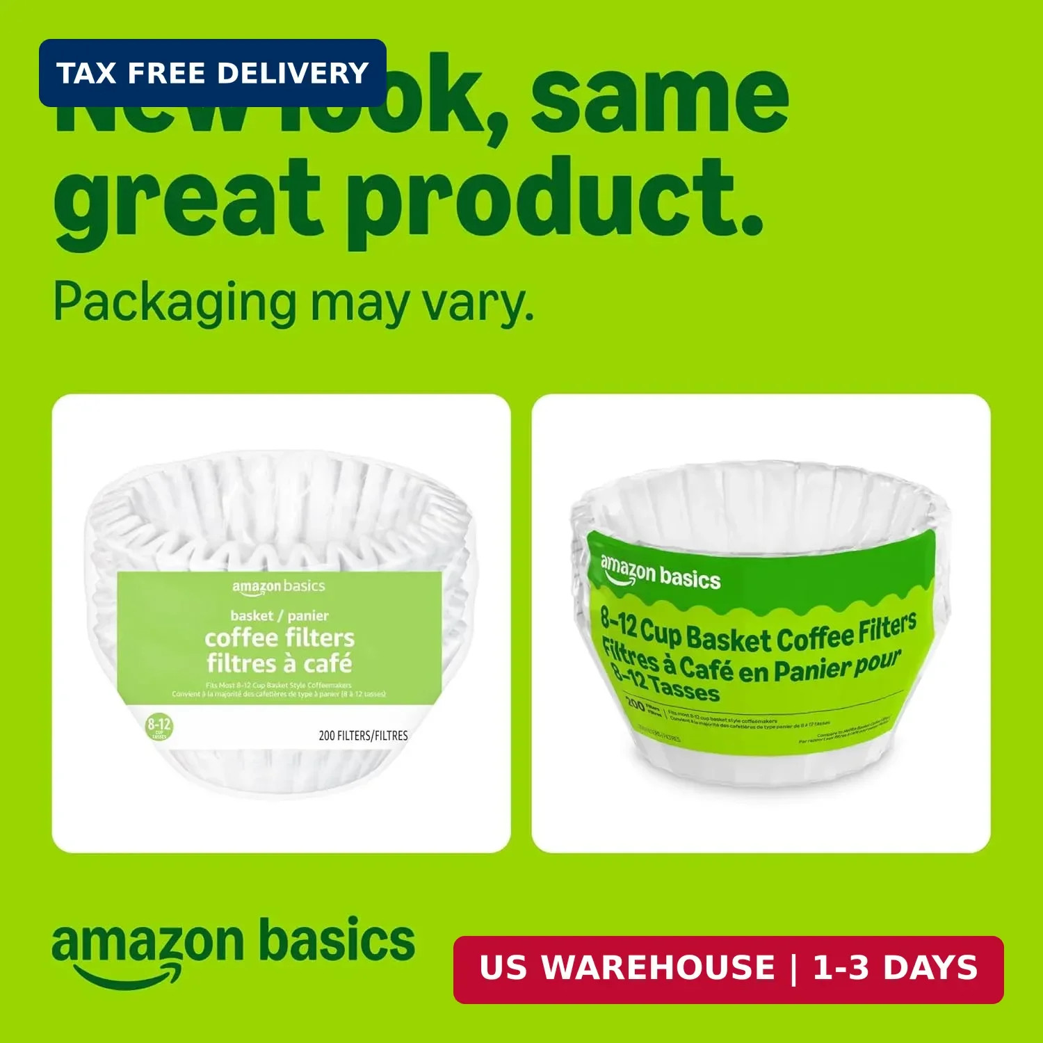 Amazon Basics Basket Coffee Filters for 8-12 Cup Coffee Makers, White, 200 Count