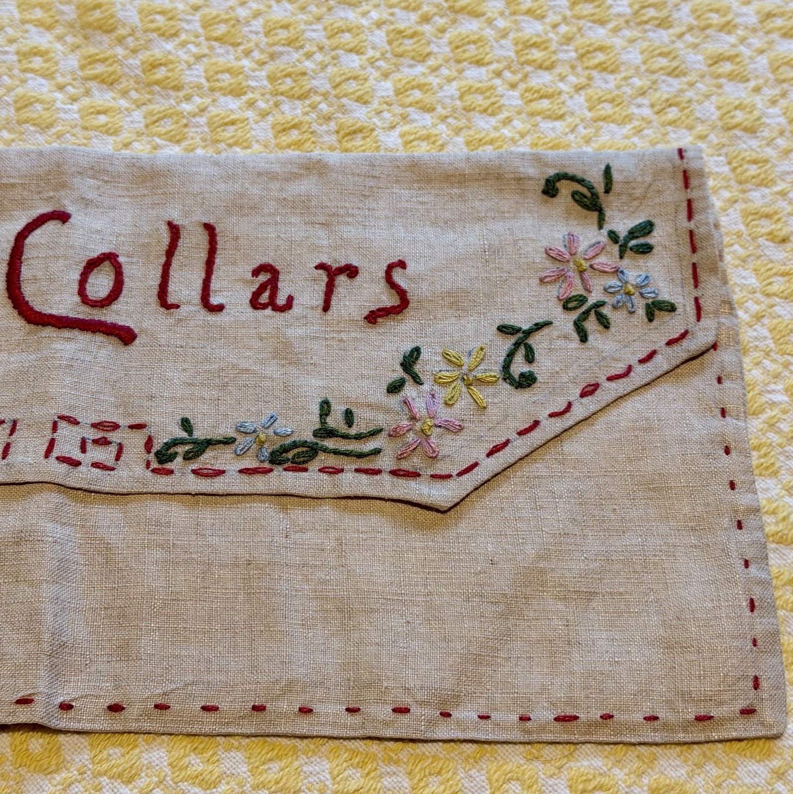 Vtg Antique Linen Soft Collar Envelope Hand Sewn Embroidered Snaps Fabric Pouch