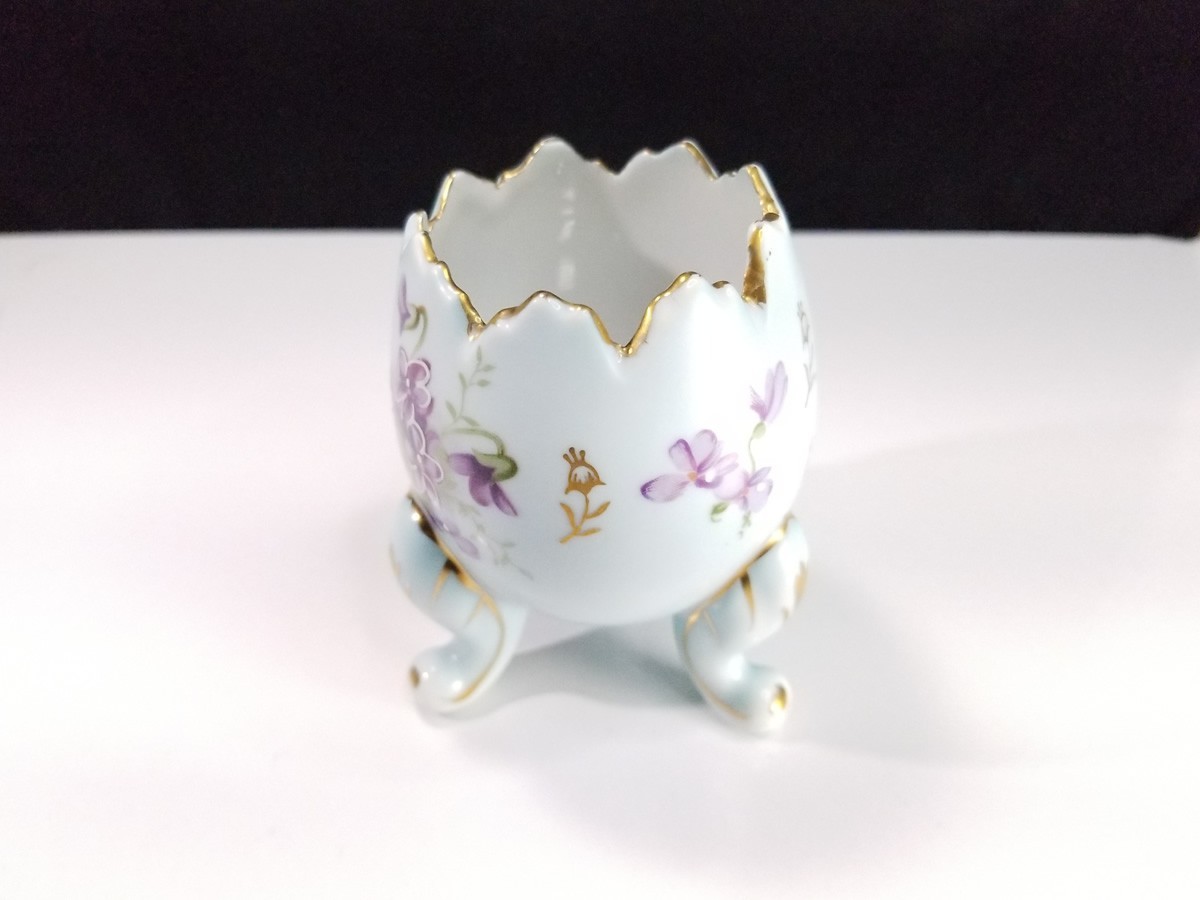 Vintage 3 Footed Cracked Egg 4” Vase Trinket Dish Hand Painted Floral