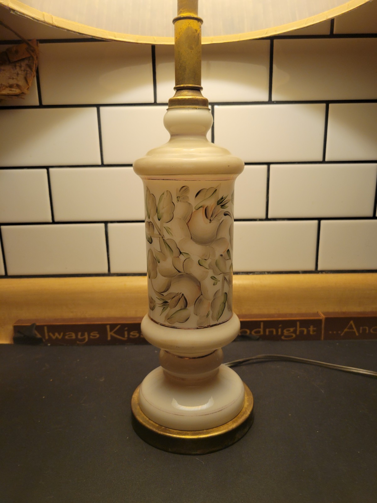 Glass & Brass 24″ Lamp, Floral Flower Hand Painted- Shade Not Included