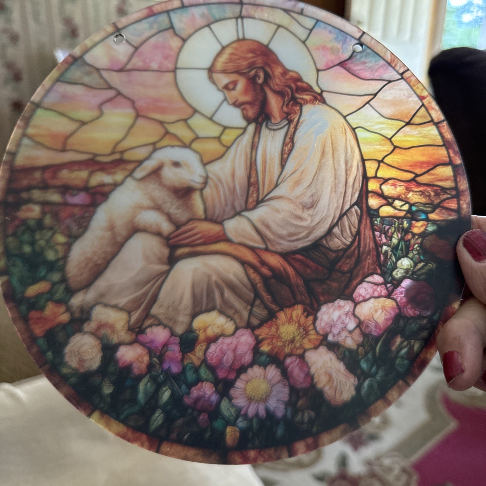 2D Round Flat Jesus With Lamb Stained Glass Sun catcher 7.9”x7.9”