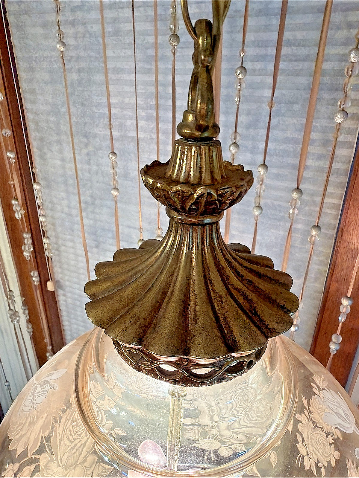 Hollywood Regency Swag Lamp Pendant, 1960, MCM Etched Rose Amber glass shade