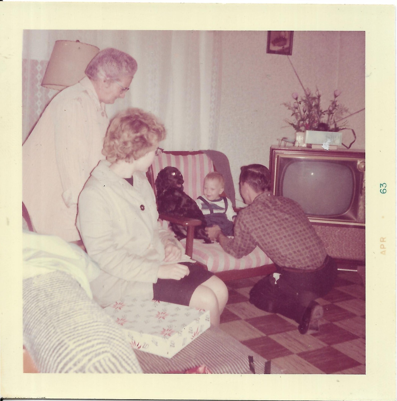 2 color photos 1963 women woman hair net dog toddler baby on chair man old tv