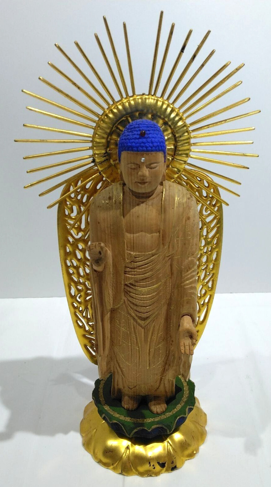 Japanese Antique Wooden Amidanyorai Buddhist Buddha Statue 3.9×5.9×H11.4inch FS