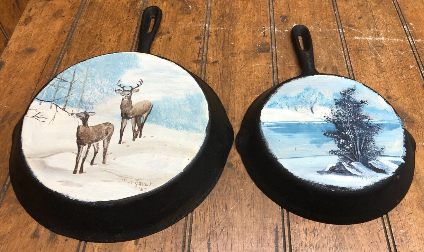 2 Hand Painted Cast Iron Pans Skillets Winter Scenes 1987 10″ & 8″