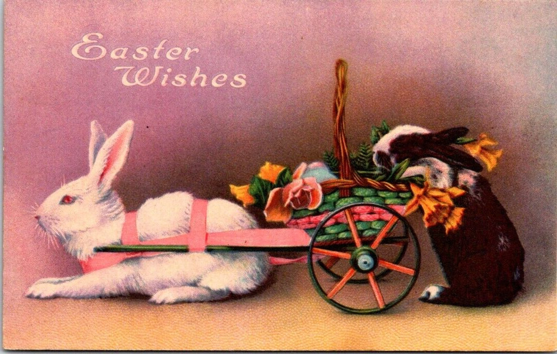 Easter Wishes~Bunny Hooked Up To Flower Cart~Postcard~Unposted