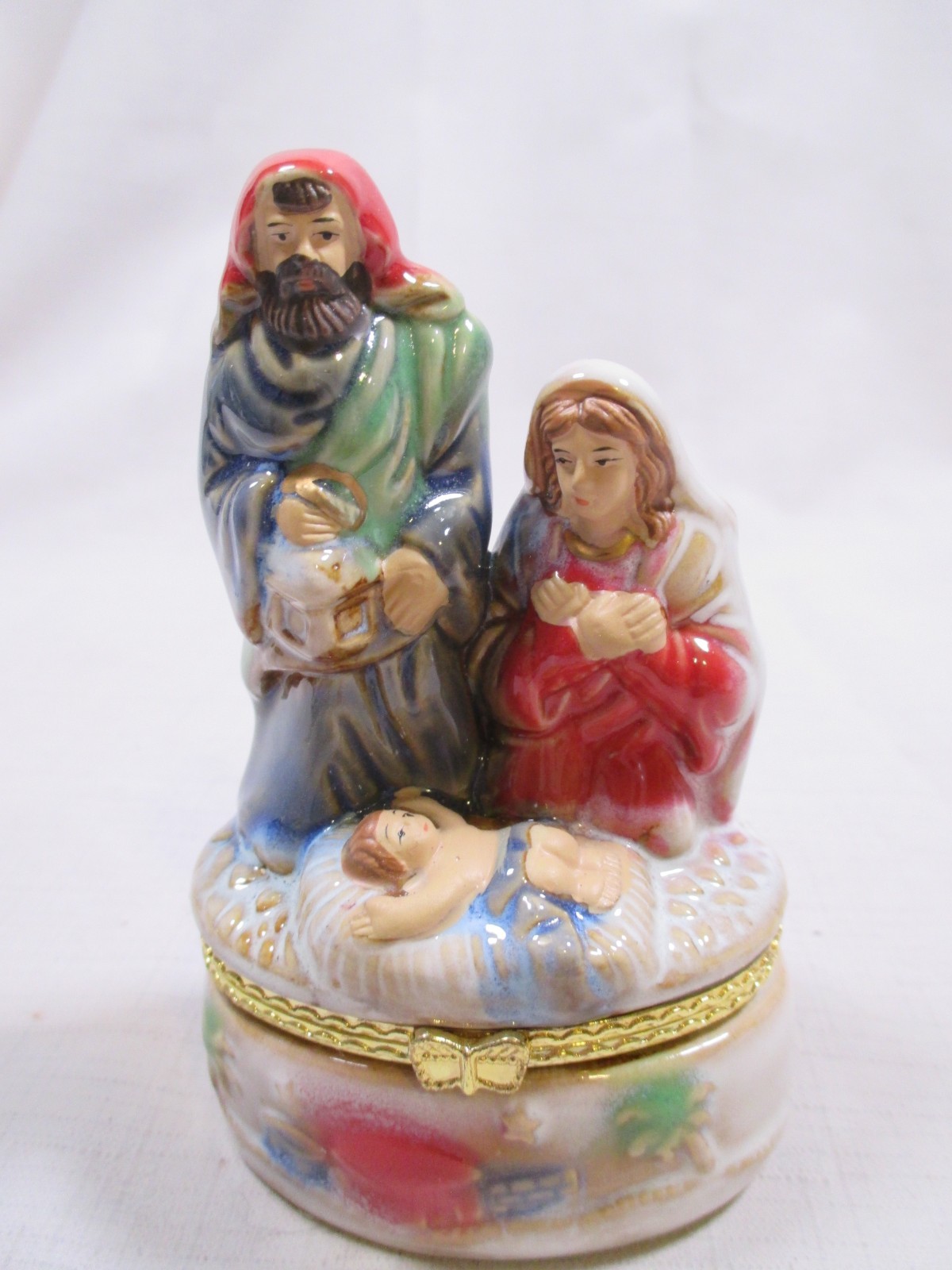 Religious Nativity Joseph, Mary, Baby Jesus Porcelain Trinket Box Christmas 4″