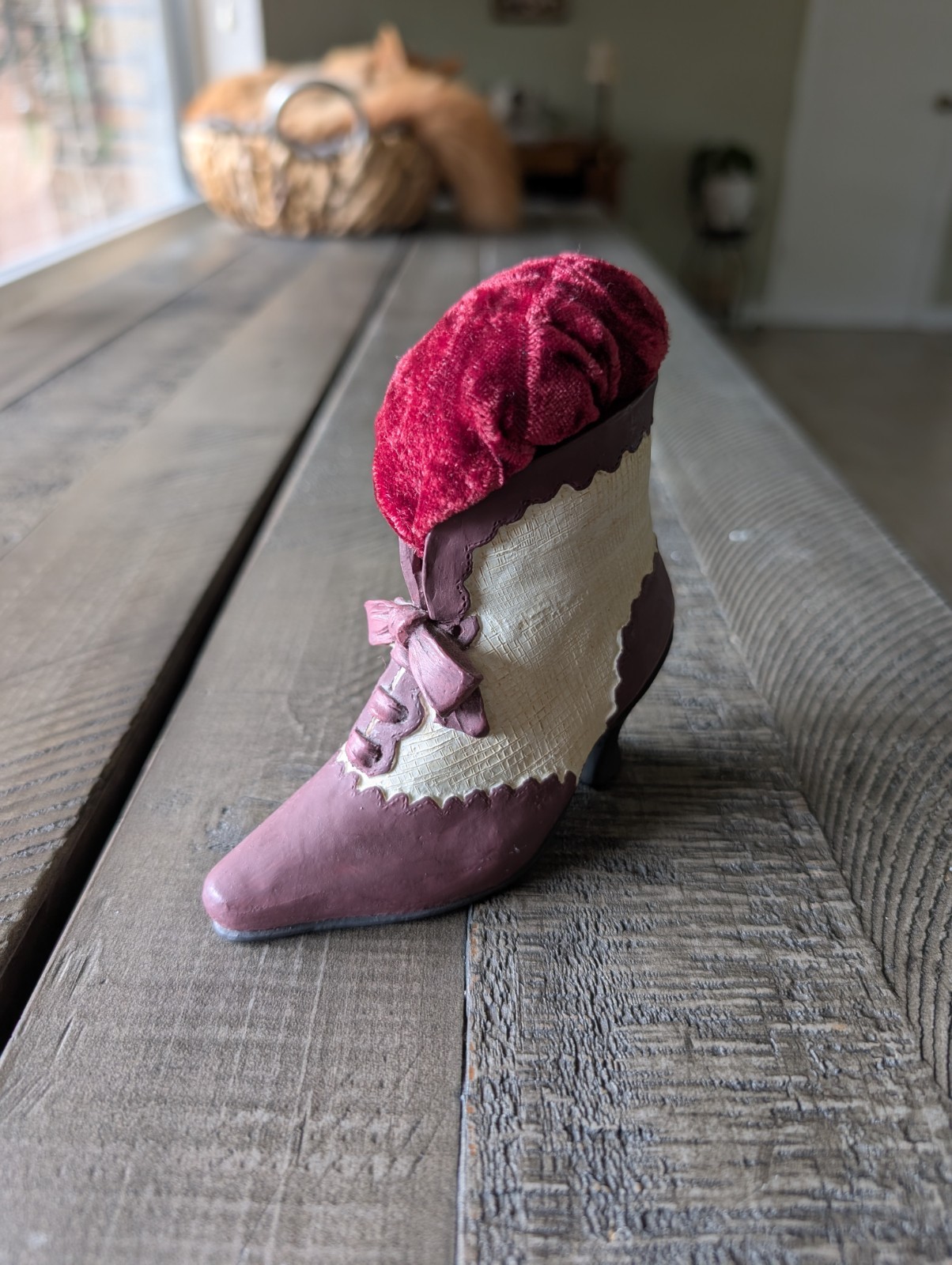 Vintage Miniature Shoe Boot Figurines Resin Victorian Bow Velvet Pin Cushion