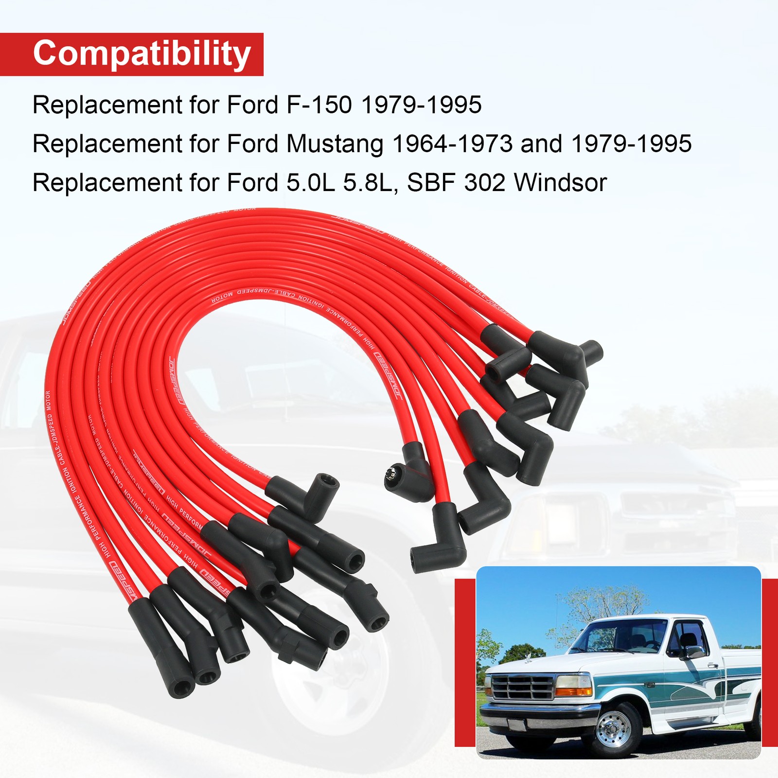 Red 10.2mm Ignition Spark Plug Wires Set of 10 For Ford F-150 F150 1979-1995