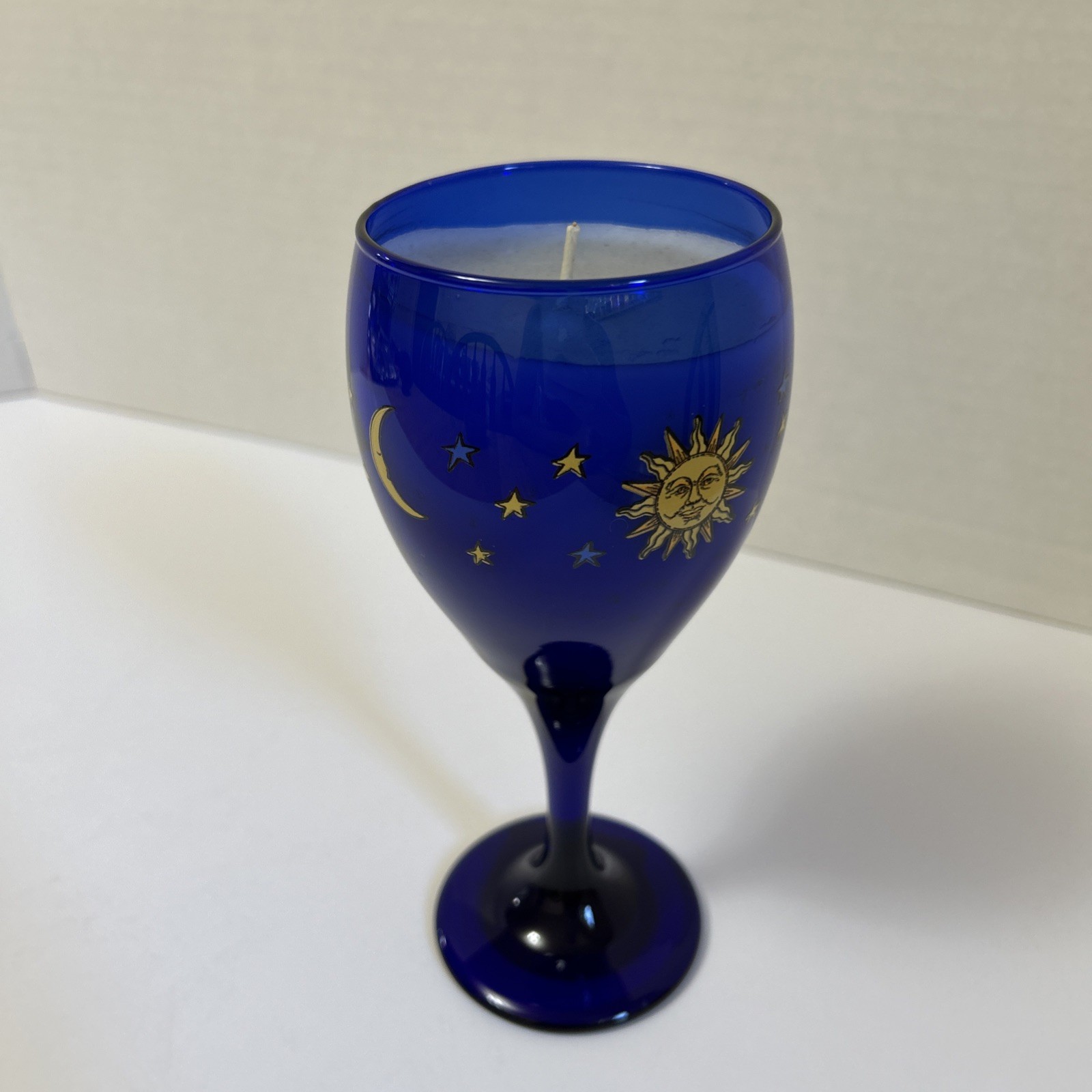 Libbey Glass Company Celestial Cobalt Blue Sun Moon Stars Goblet Candle VTG
