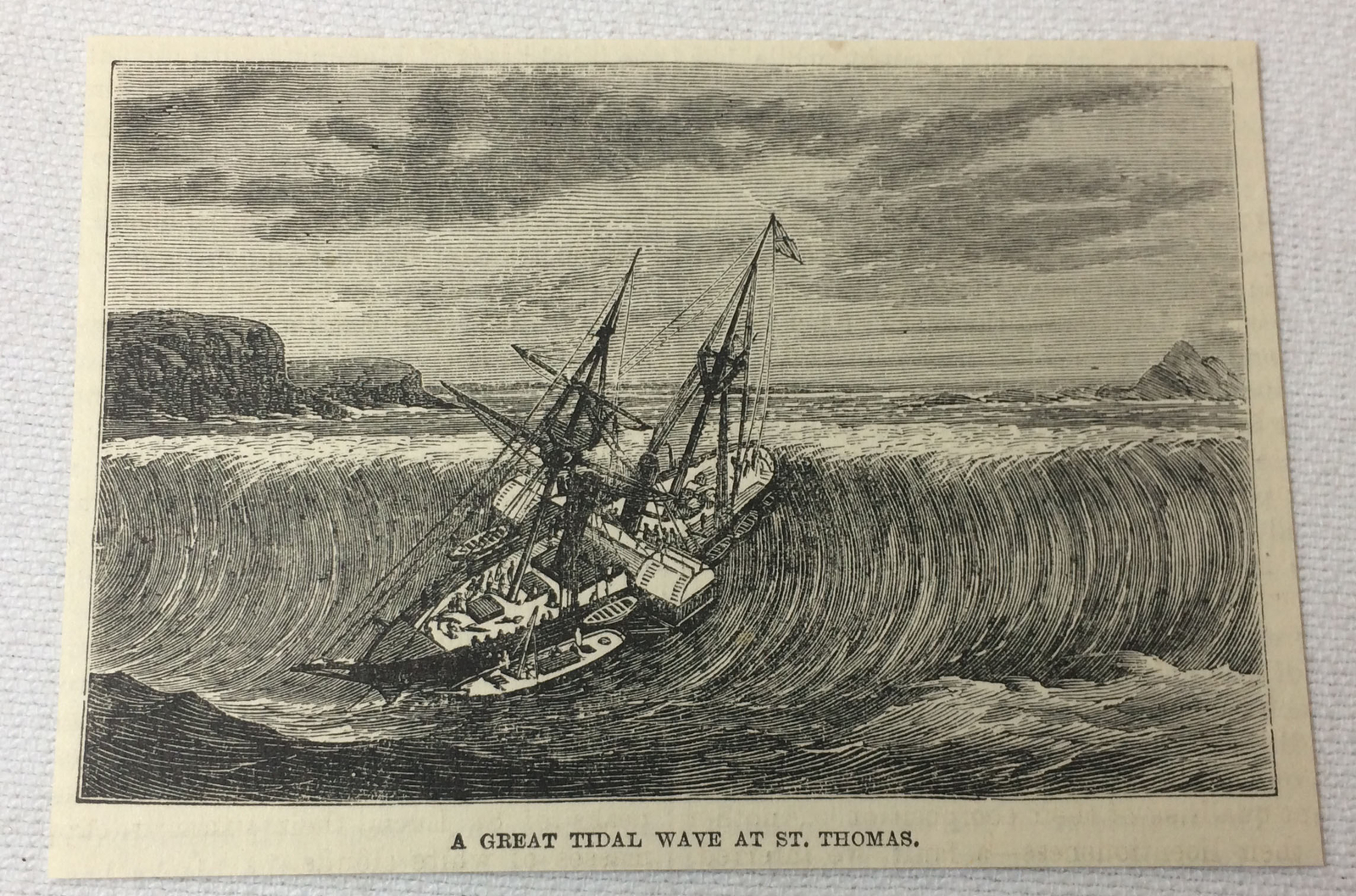 1885 magazine engraving ~ GREAT TIDAL WAVE, St. Thomas