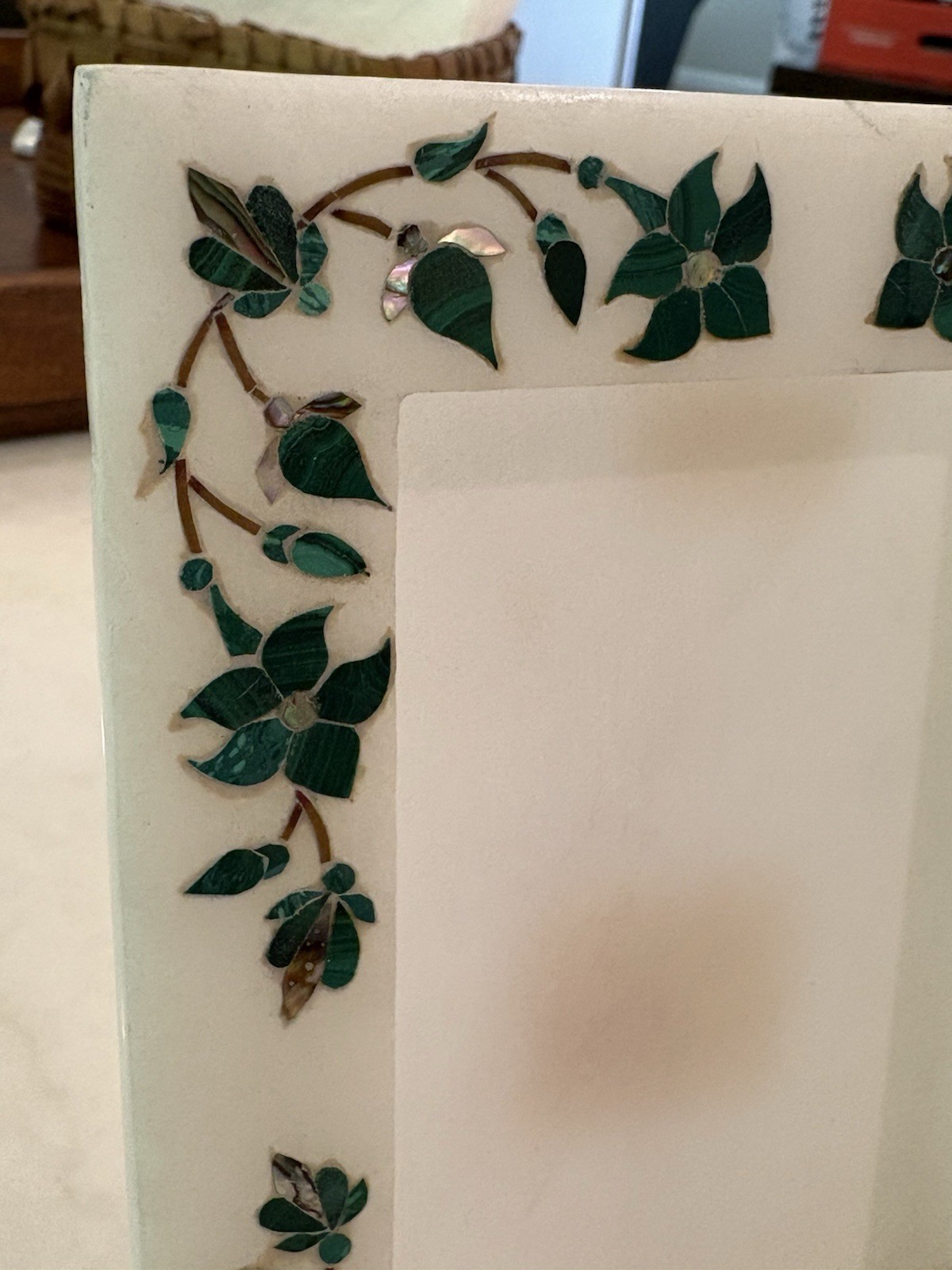 Authentic CCIC India White Marble Inlay Picture Frame Malachite Pietra Dura Art