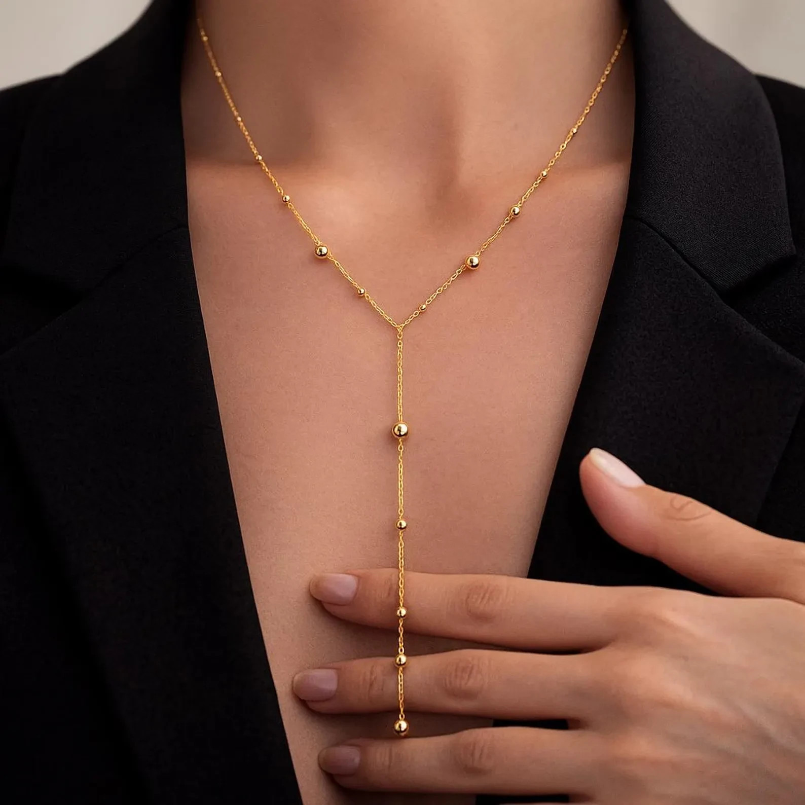 Modern Style 18K Yellow Gold Over Boll & Bead Lariat Y-Necklace For Women’s 18″