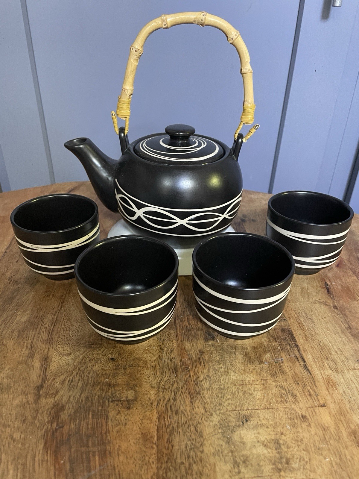 Black Matte Ceramic Teapot Tea Set w/ Bamboo Handle, Lid & 4 Cups