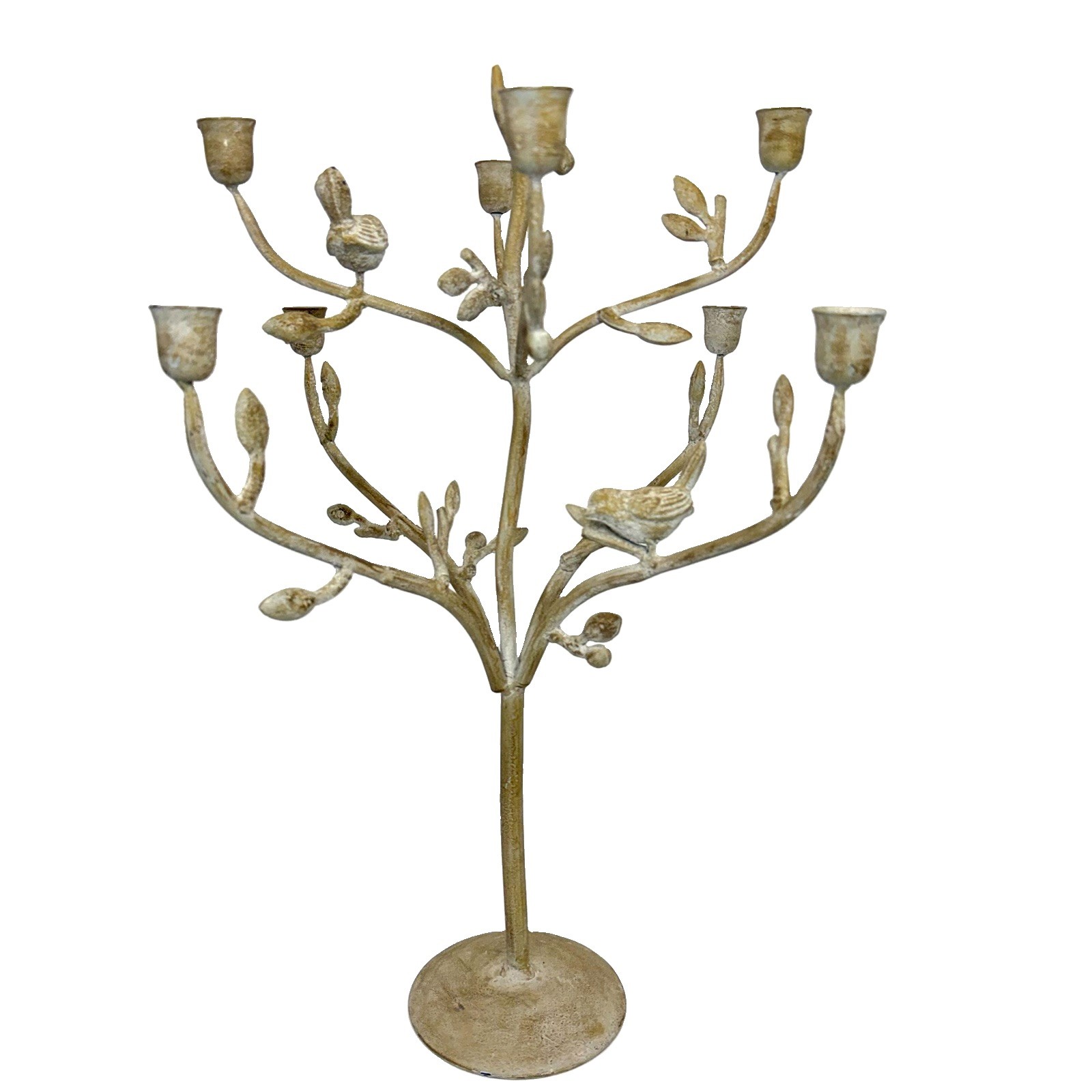Iron Candelabra Metal Tole Tree 8 Candle Holders w/ Birds Motif Bisque 21.5”