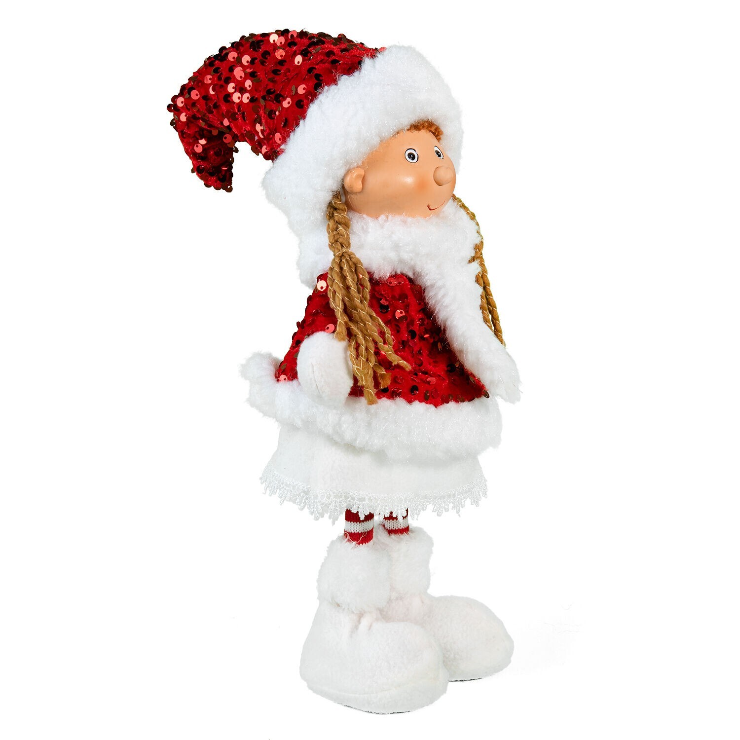STPGOODS Red Sequin Santa Girl Figurine, Christmas Tree Doll, Winter Decor 17″