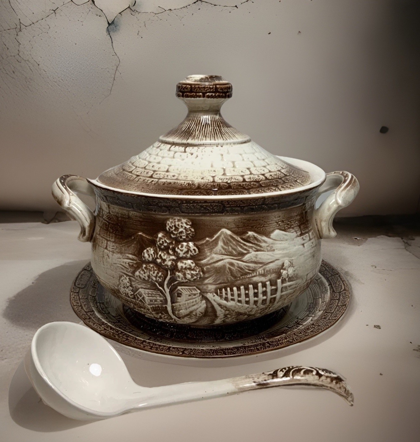 Vintage Japanese Brown Transferware Soup Tureen 10.5 in.- 4 Pieces