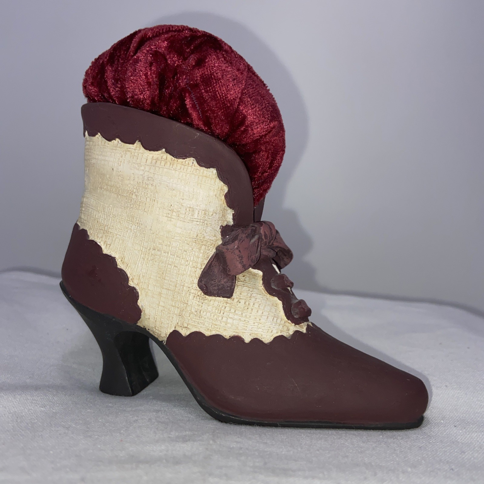 Vintage Miniature Victorian Resin Boot Bow Velvet Pin Cushion Sewing Collectable