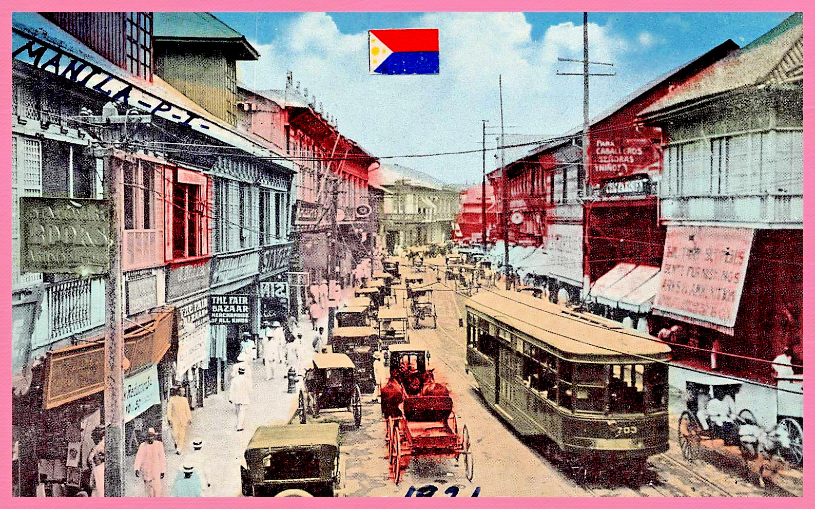 GENUINE 1921 PHILIPPINE POSTCARD TROLLEY,AUTOS, FLAG , ESCOLTA MANILA