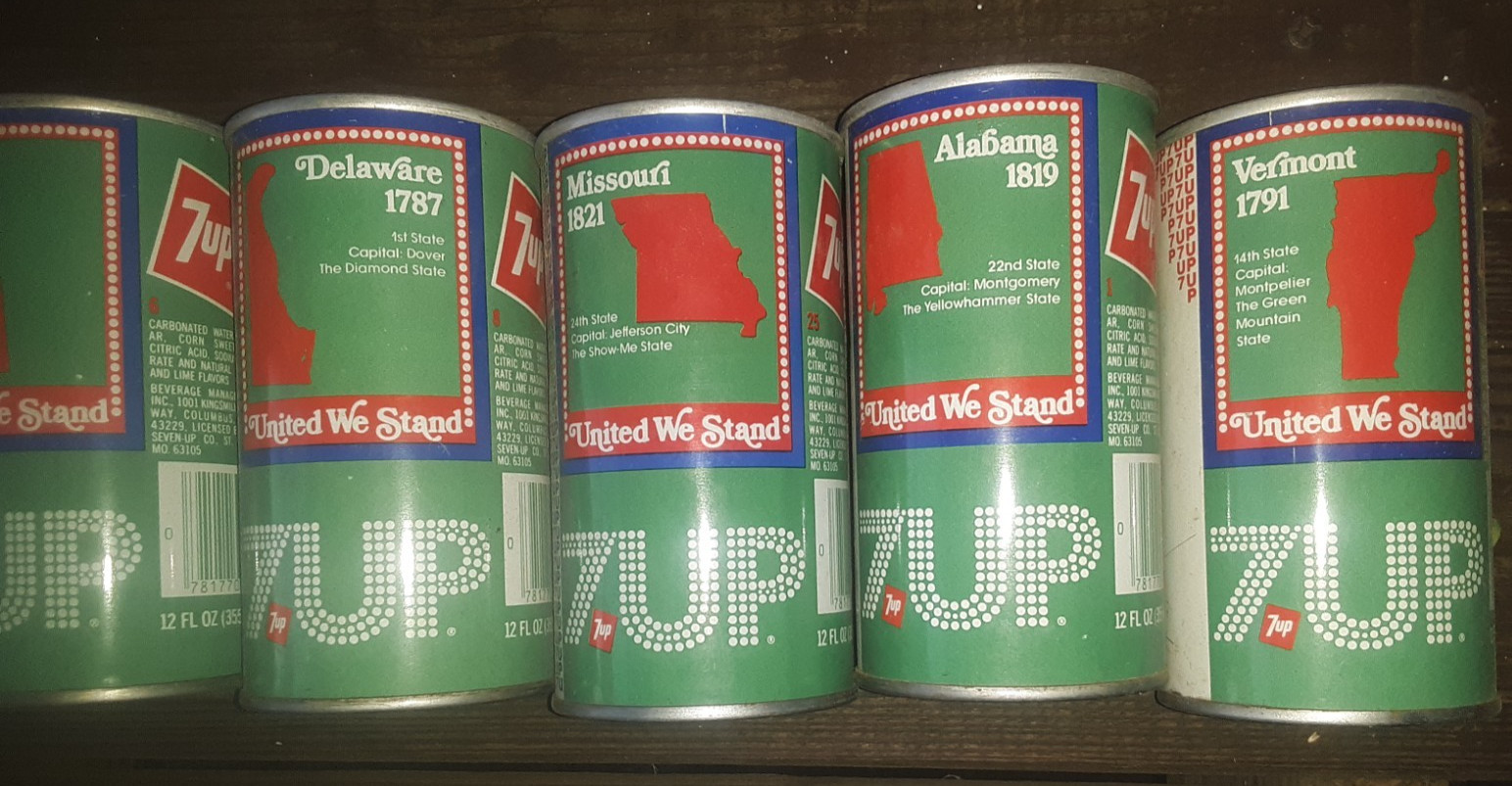 FULL SET ! 7up Bicentennial Uncle Sam USA State Steel Soda Pop Cans Collectible