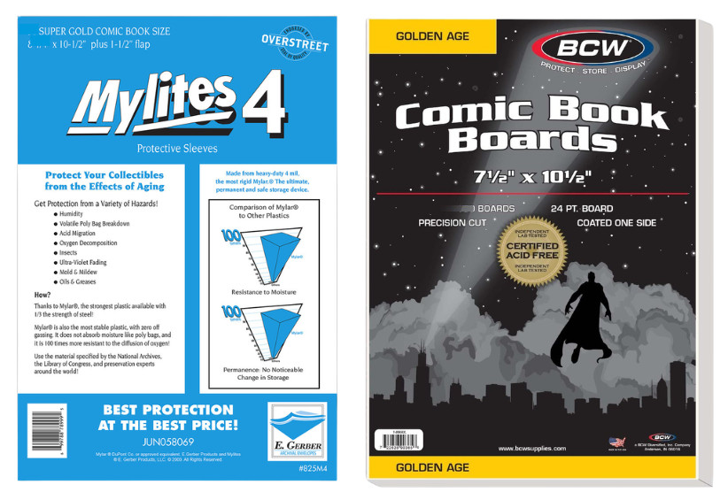 Set 100 sleeves E Gerber MyLites4 Mylar 4 Mil Bags & 100 BCW Boards Large Comic